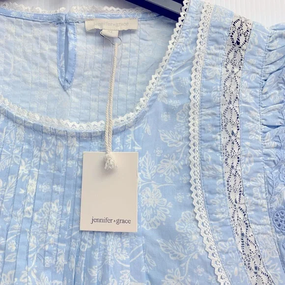 Jennifer Grace Top Size XL Women's Sophie Blue Flutter Sleeve Floral Cotton - Picture 5 of 7